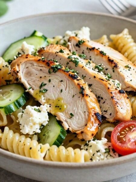 Egg free meal lemon herb chicken and feta pasta salad