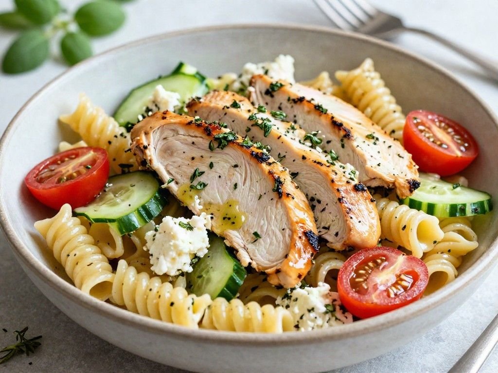 Egg free meal lemon herb chicken and feta pasta salad