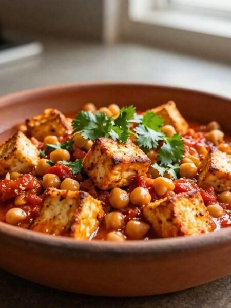 High protein vegan meal chickpea and tofu butter chicken