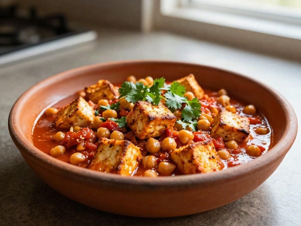 High protein vegan meal chickpea and tofu butter chicken